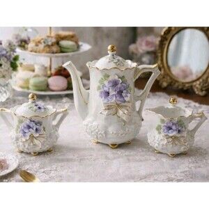 VICTORIAN REVIVAL African Violet GOLD Tea Set 3pc DEMITASSE Pot Creamer Sugar
